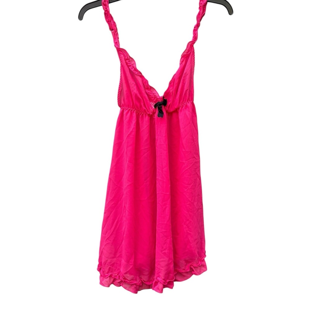 H&M Womens Medium Babydoll Chemise‎ Hot Pink Ruffle Bow Sheer Lingerie